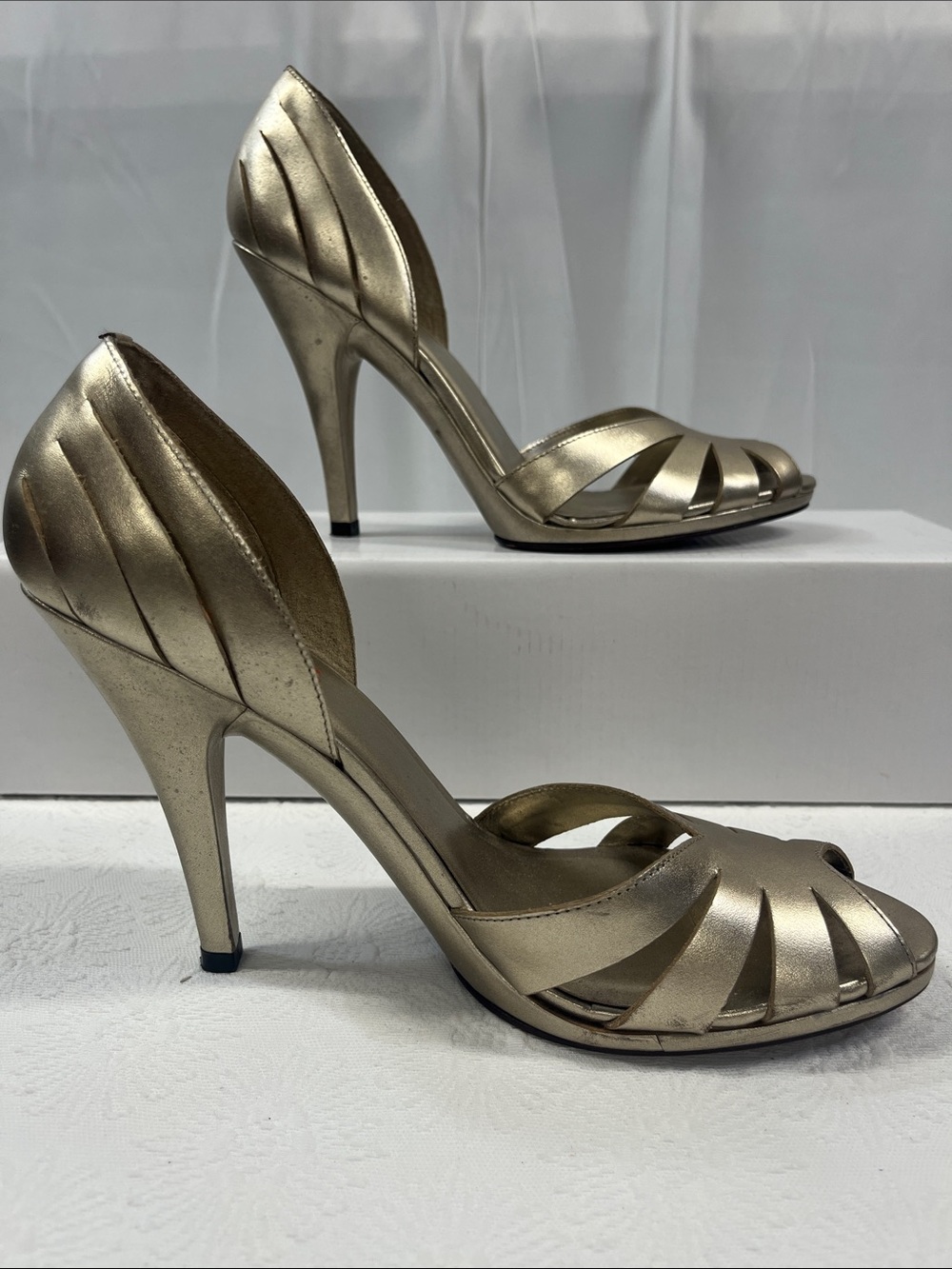 Women's Metallic Gold Peep-Toe Heels - Picture 2 of 9